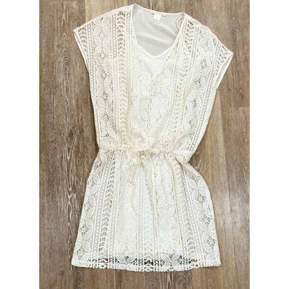 Gold Hawk Sz S Ivory Cream Lace Crochet Drawstring Swim Coverup Cover Up Dress - Picture 1 of 11